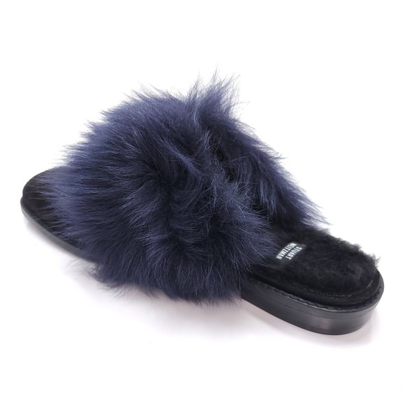 Stuart Weitzman Furgetit Raven Long Claw Blue Shearling Black Suede Mules Sz 7.5 - Picture 3 of 9